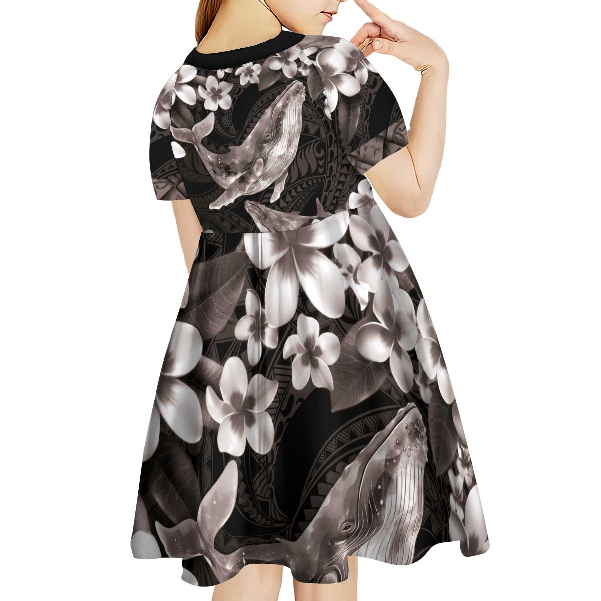 Hawaiian Plumeria and Humpback Whales Kid Short Sleeve Dress Polynerian Art Tattoo-Grayscale Mode