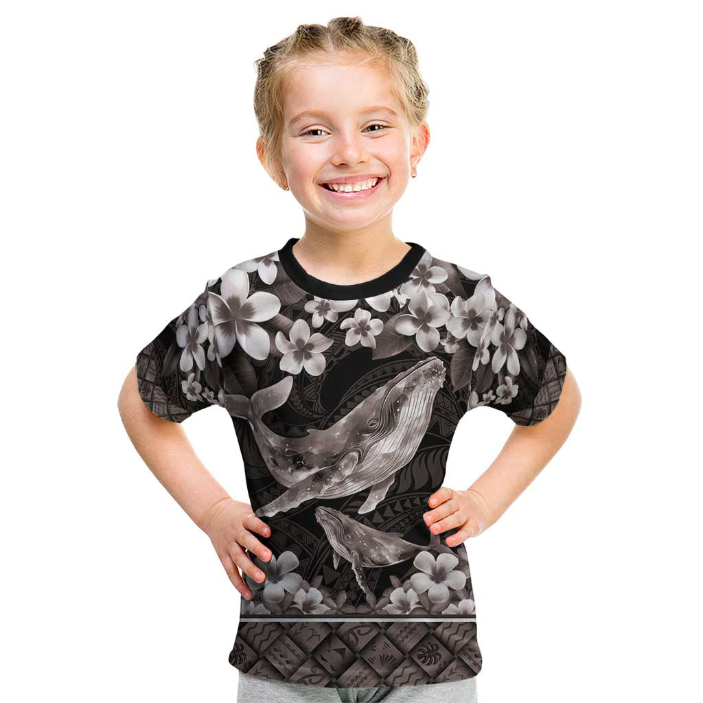 Hawaiian Plumeria and Humpback Whales Kid T Shirt Polynerian Art Tattoo-Grayscale Mode LT03 Black - Polynesian Pride