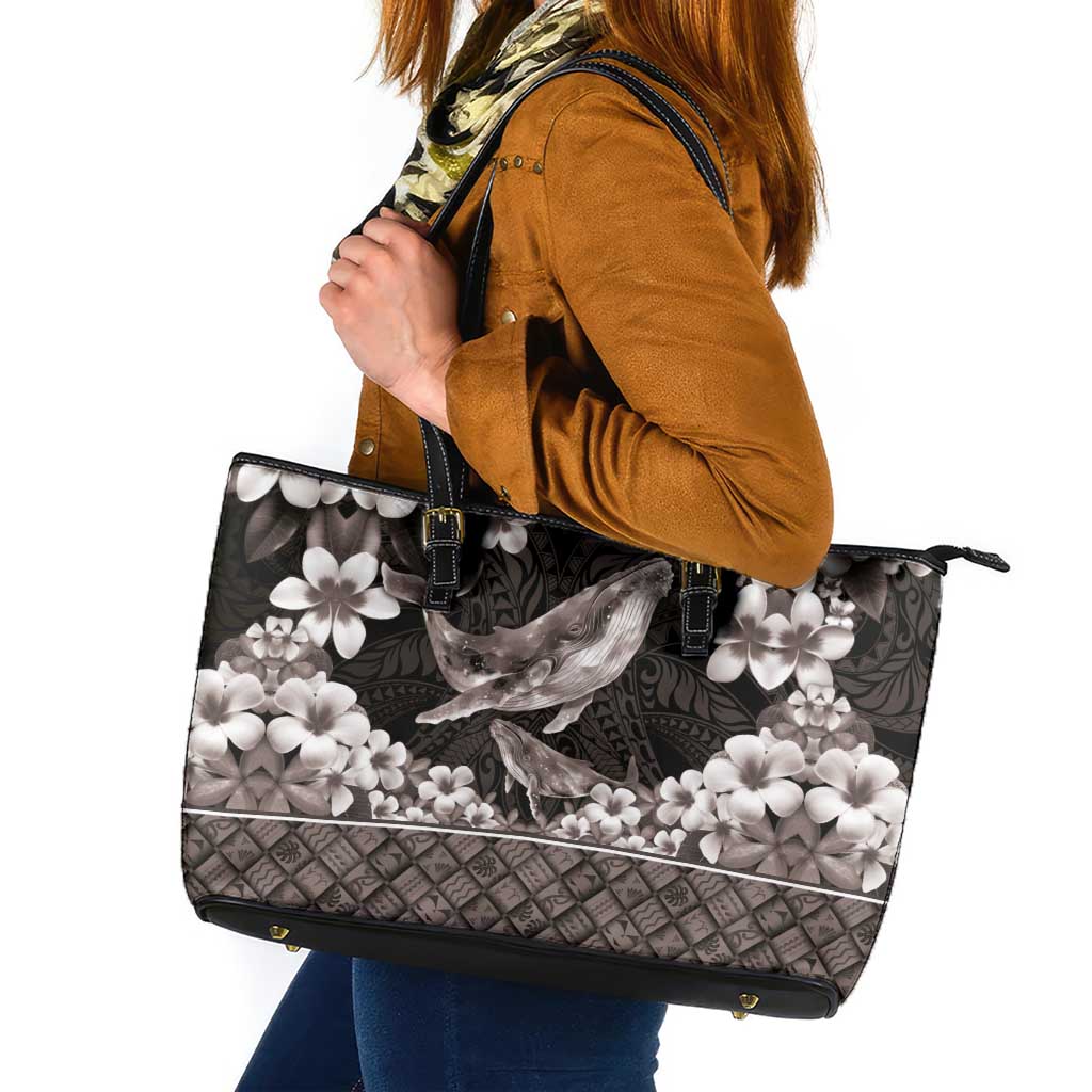 Hawaiian Plumeria and Humpback Whales Leather Tote Bag Polynerian Art Tattoo-Grayscale Mode LT03 Black - Polynesian Pride