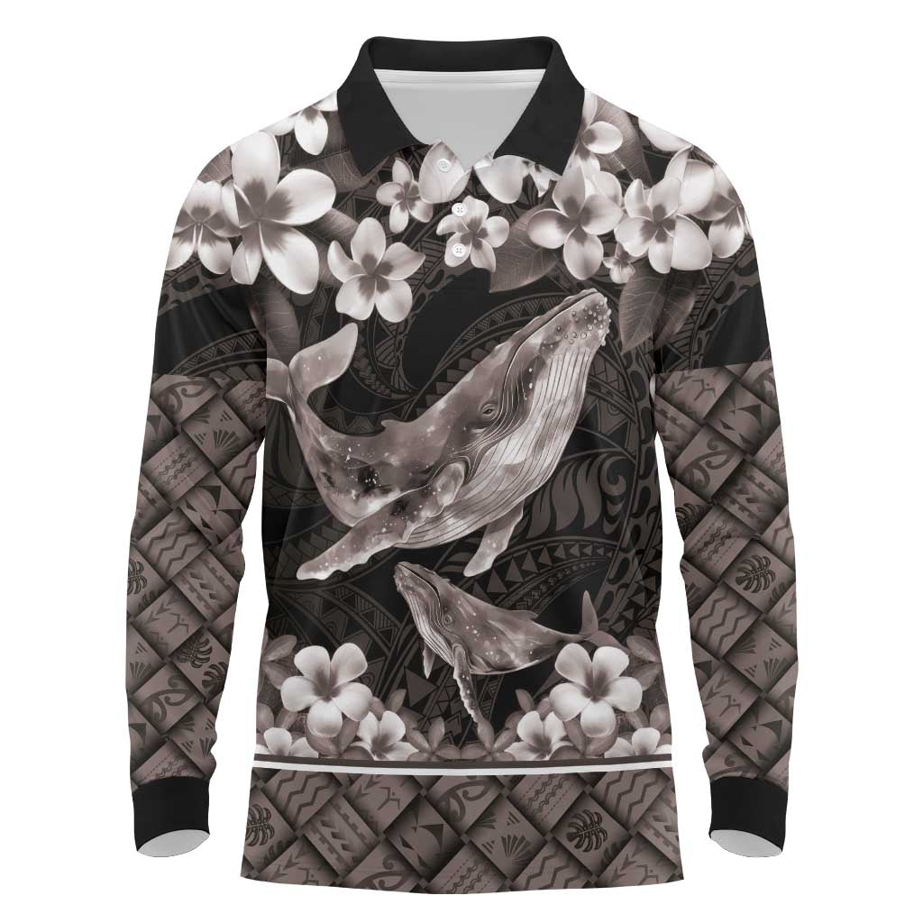 Hawaiian Plumeria and Humpback Whales Long Sleeve Polo Shirt Polynerian Art Tattoo-Grayscale Mode LT03 Black - Polynesian Pride