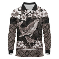 Hawaiian Plumeria and Humpback Whales Long Sleeve Polo Shirt Polynerian Art Tattoo-Grayscale Mode LT03 Black - Polynesian Pride