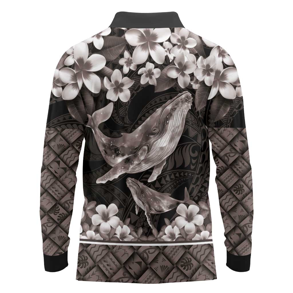 Hawaiian Plumeria and Humpback Whales Long Sleeve Polo Shirt Polynerian Art Tattoo-Grayscale Mode LT03 - Polynesian Pride