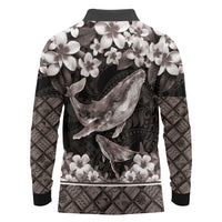 Hawaiian Plumeria and Humpback Whales Long Sleeve Polo Shirt Polynerian Art Tattoo-Grayscale Mode LT03 - Polynesian Pride
