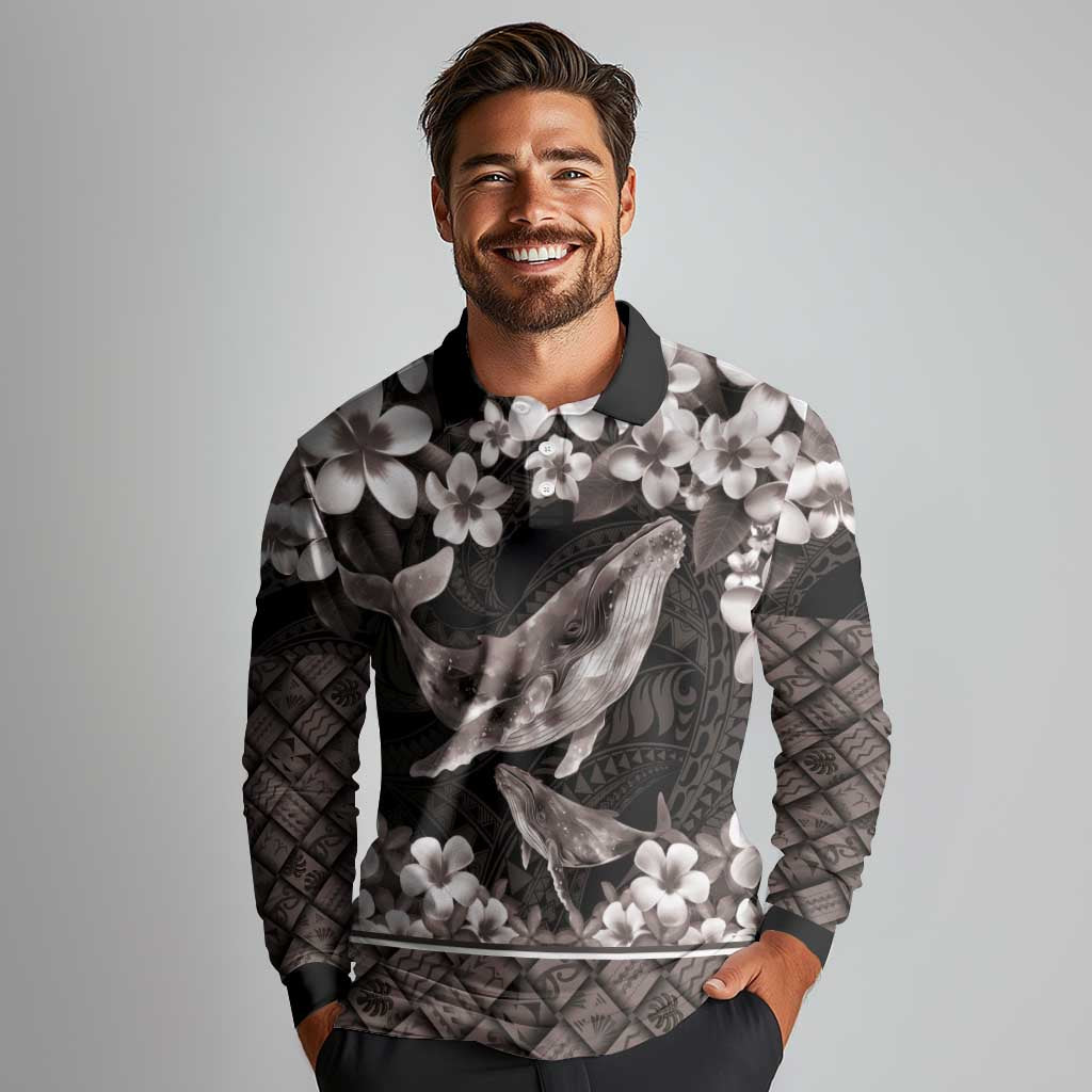 Hawaiian Plumeria and Humpback Whales Long Sleeve Polo Shirt Polynerian Art Tattoo-Grayscale Mode LT03 - Polynesian Pride
