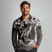 Hawaiian Plumeria and Humpback Whales Long Sleeve Polo Shirt Polynerian Art Tattoo-Grayscale Mode LT03 - Polynesian Pride
