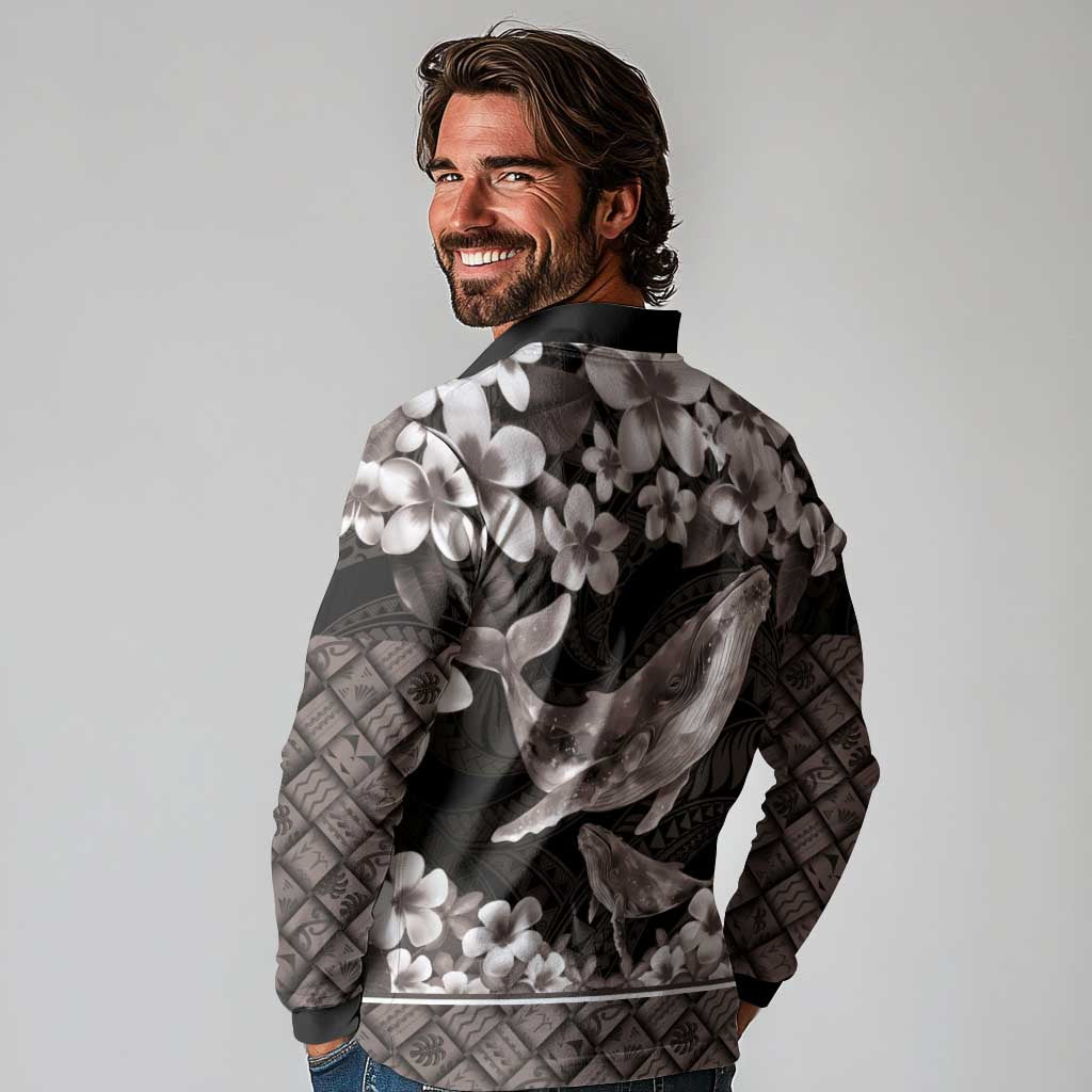 Hawaiian Plumeria and Humpback Whales Long Sleeve Polo Shirt Polynerian Art Tattoo-Grayscale Mode LT03 - Polynesian Pride