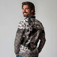 Hawaiian Plumeria and Humpback Whales Long Sleeve Polo Shirt Polynerian Art Tattoo-Grayscale Mode LT03 - Polynesian Pride