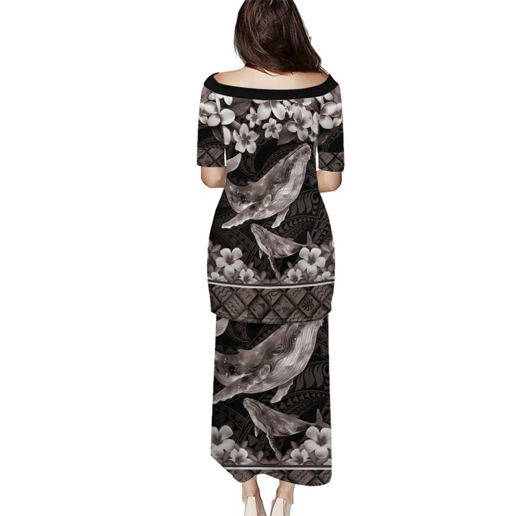 Hawaiian Plumeria and Humpback Whales Puletasi Polynerian Art Tattoo-Grayscale Mode