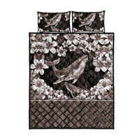 Hawaiian Plumeria and Humpback Whales Quilt Bed Set Polynerian Art Tattoo-Grayscale Mode