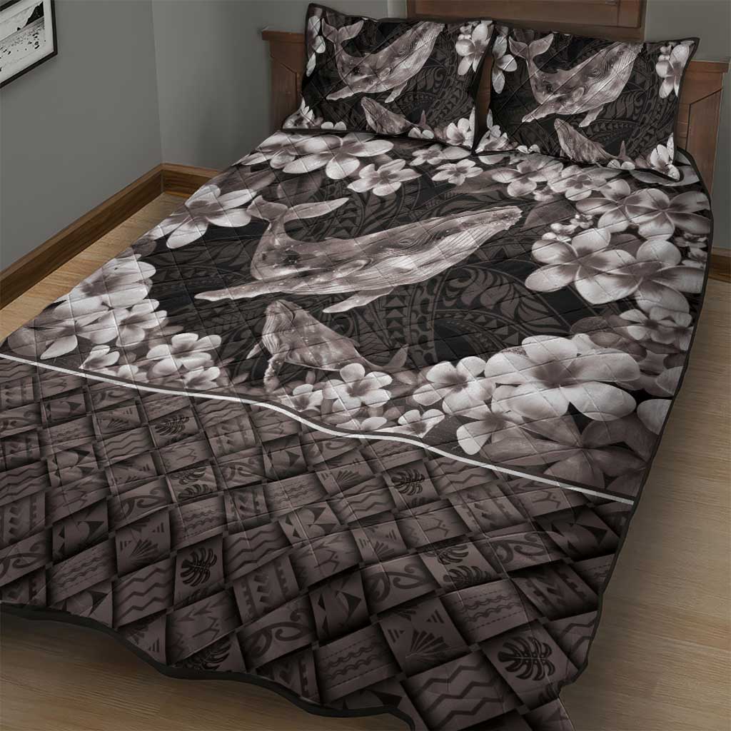 Hawaiian Plumeria and Humpback Whales Quilt Bed Set Polynerian Art Tattoo-Grayscale Mode
