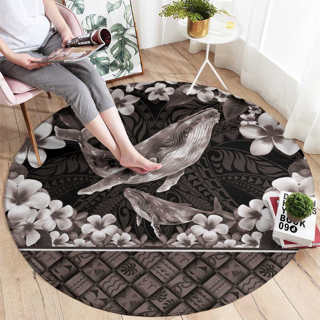 Hawaiian Plumeria and Humpback Whales Round Carpet Polynerian Art Tattoo-Grayscale Mode