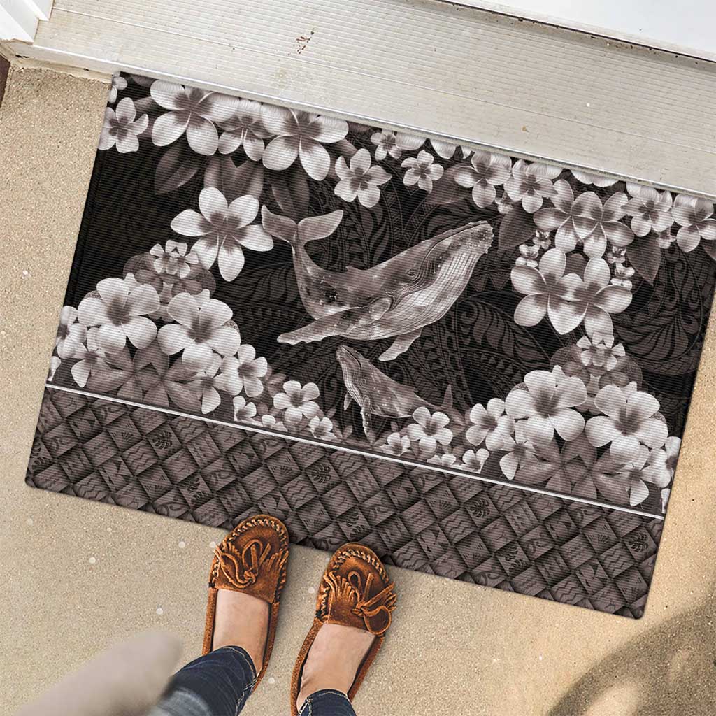 Hawaiian Plumeria and Humpback Whales Rubber Doormat Polynerian Art Tattoo-Grayscale Mode
