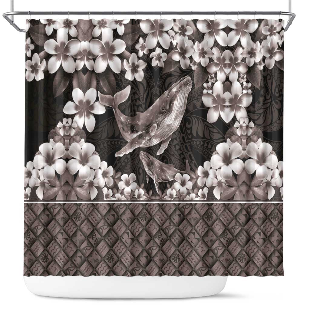 Hawaiian Plumeria and Humpback Whales Shower Curtain Polynerian Art Tattoo-Grayscale Mode