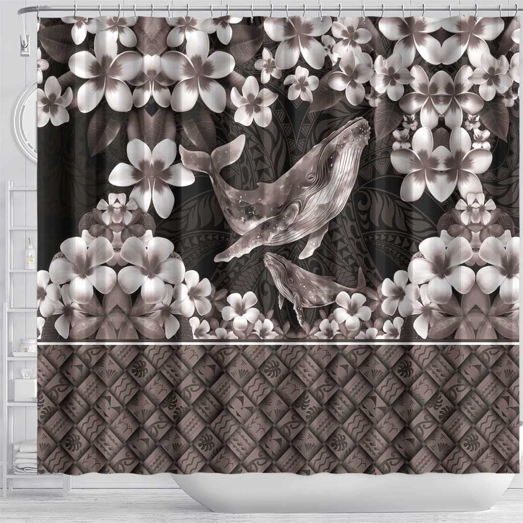 Hawaiian Plumeria and Humpback Whales Shower Curtain Polynerian Art Tattoo-Grayscale Mode