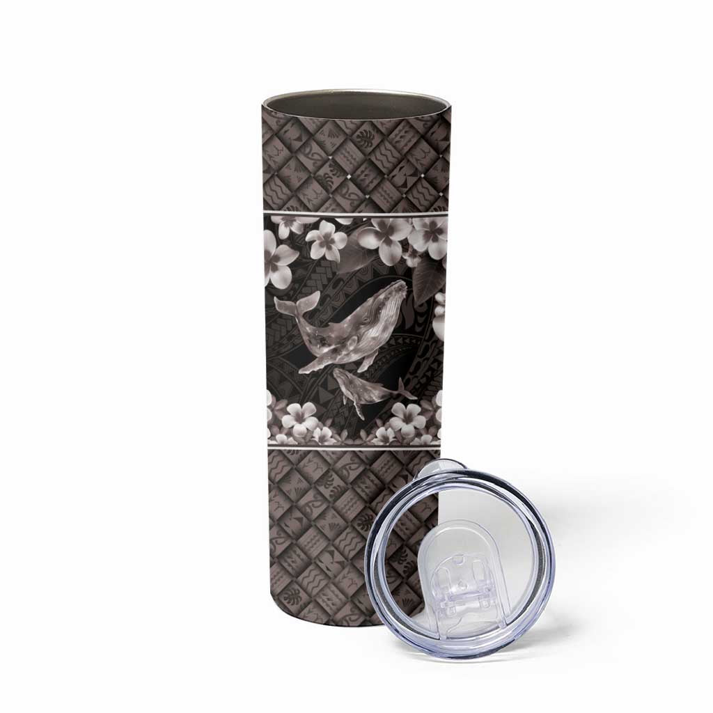 Hawaiian Plumeria and Humpback Whales Skinny Tumbler Polynerian Art Tattoo-Grayscale Mode