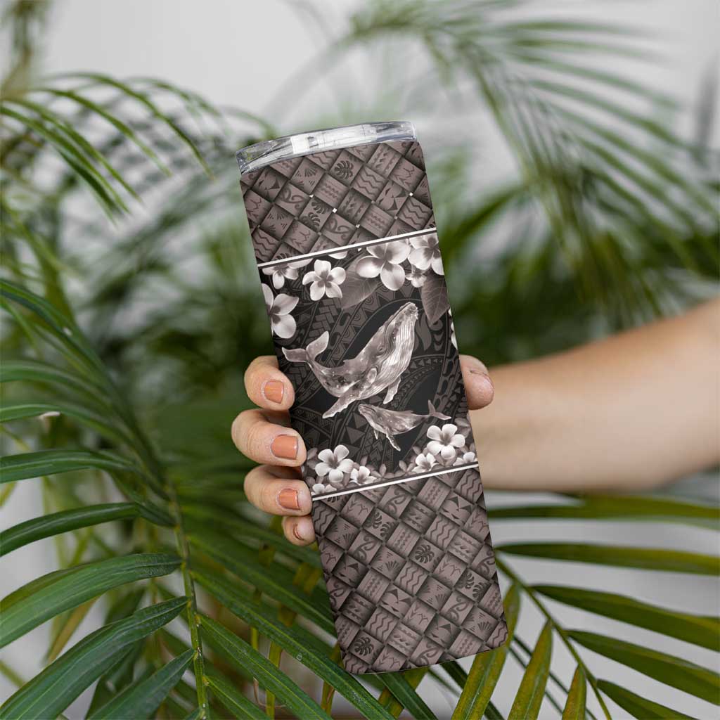 Hawaiian Plumeria and Humpback Whales Skinny Tumbler Polynerian Art Tattoo-Grayscale Mode