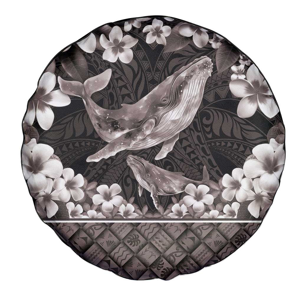 Hawaiian Plumeria and Humpback Whales Spare Tire Cover Polynerian Art Tattoo-Grayscale Mode