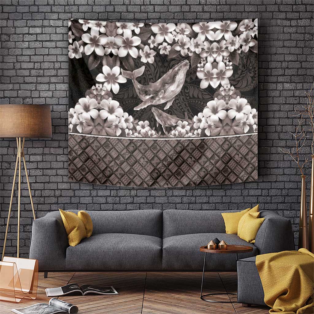 Hawaiian Plumeria and Humpback Whales Tapestry Polynerian Art Tattoo-Grayscale Mode