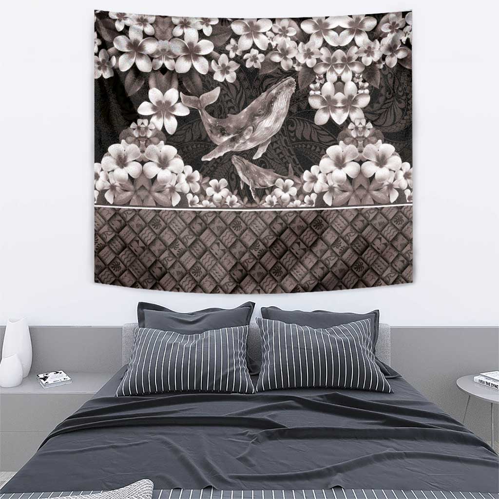 Hawaiian Plumeria and Humpback Whales Tapestry Polynerian Art Tattoo-Grayscale Mode