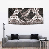 Hawaiian Plumeria and Humpback Whales Tapestry Polynerian Art Tattoo-Grayscale Mode