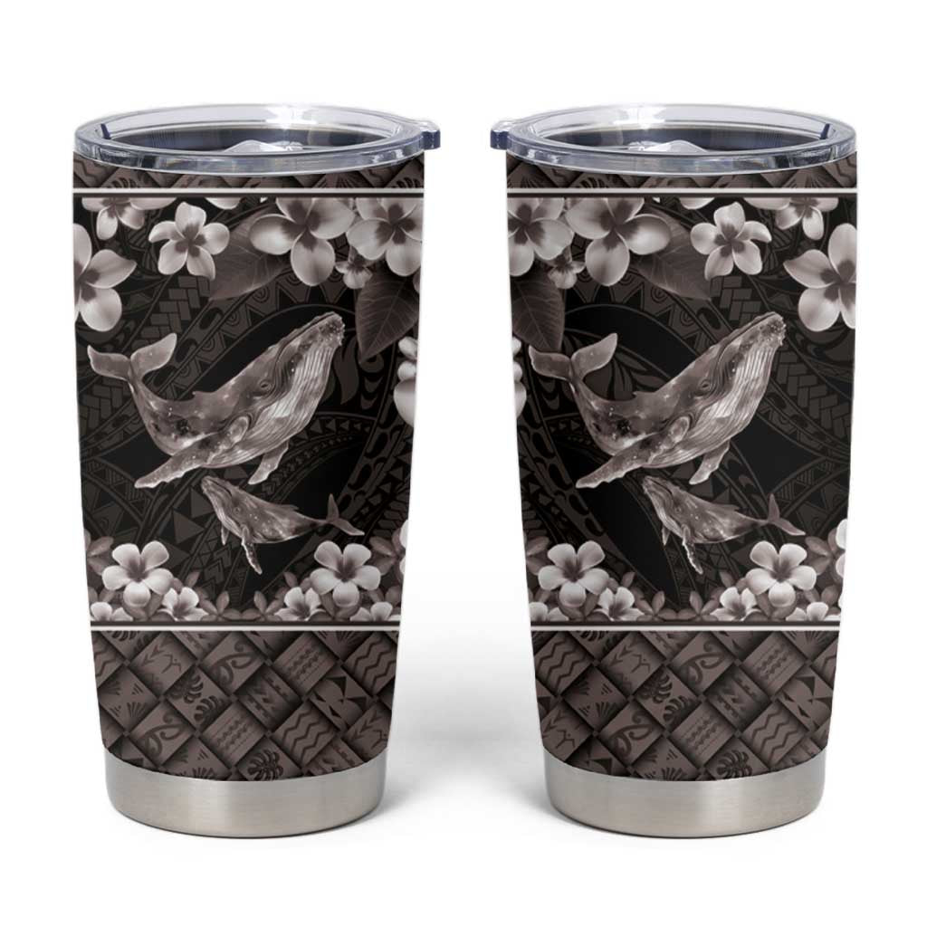 Hawaiian Plumeria and Humpback Whales Tumbler Cup Polynerian Art Tattoo-Grayscale Mode