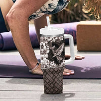 Hawaiian Plumeria and Humpback Whales Tumbler With Handle Polynerian Art Tattoo-Grayscale Mode