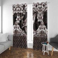 Hawaiian Plumeria and Humpback Whales Window Curtain Polynerian Art Tattoo-Grayscale Mode