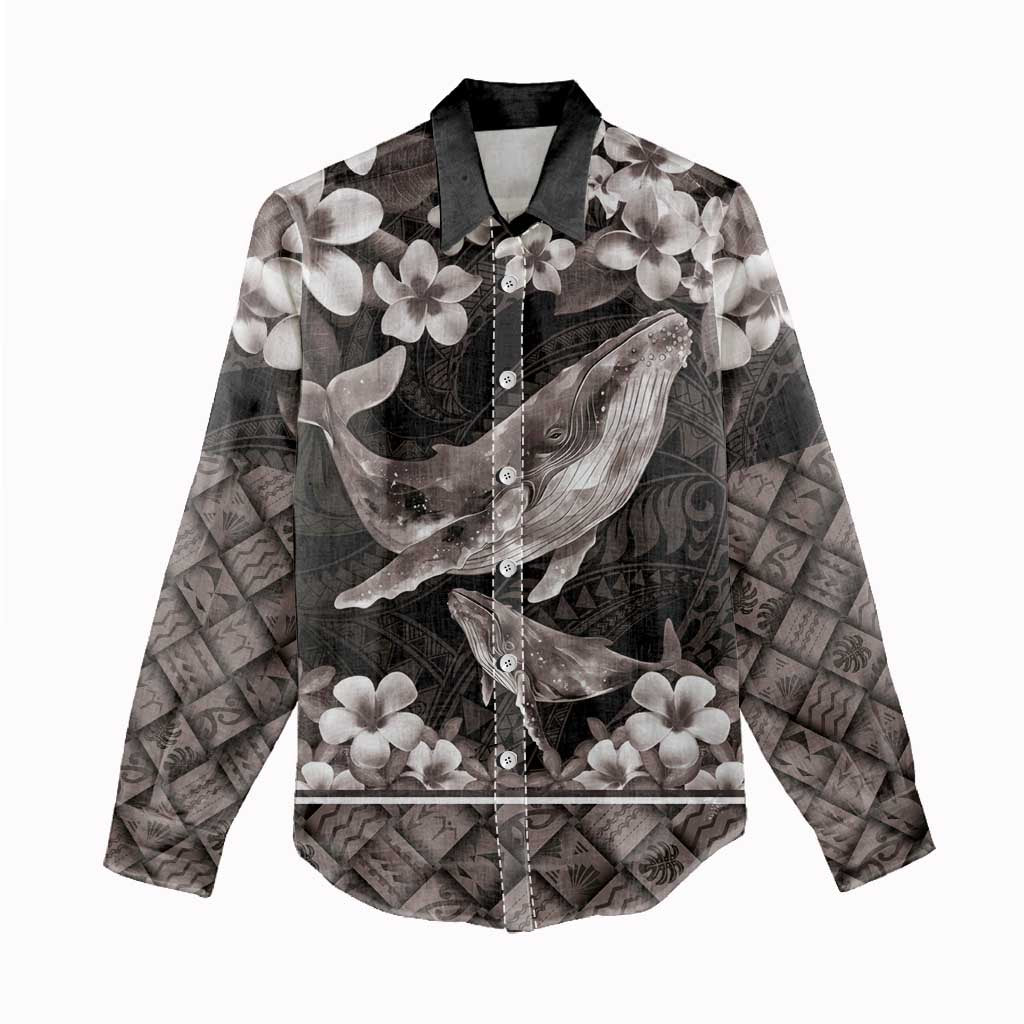 Hawaiian Plumeria and Humpback Whales Women Casual Shirt Polynerian Art Tattoo-Grayscale Mode
