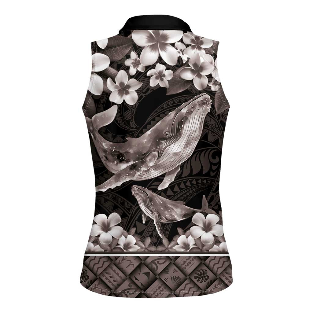 Hawaiian Plumeria and Humpback Whales Women Sleeveless Polo Shirt Polynerian Art Tattoo-Grayscale Mode LT03 - Polynesian Pride