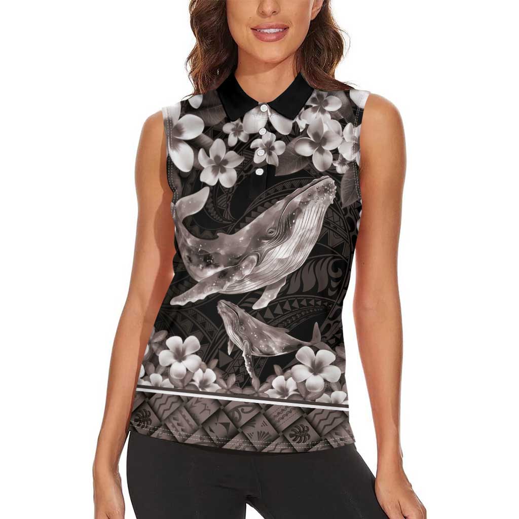 Hawaiian Plumeria and Humpback Whales Women Sleeveless Polo Shirt Polynerian Art Tattoo-Grayscale Mode LT03 - Polynesian Pride