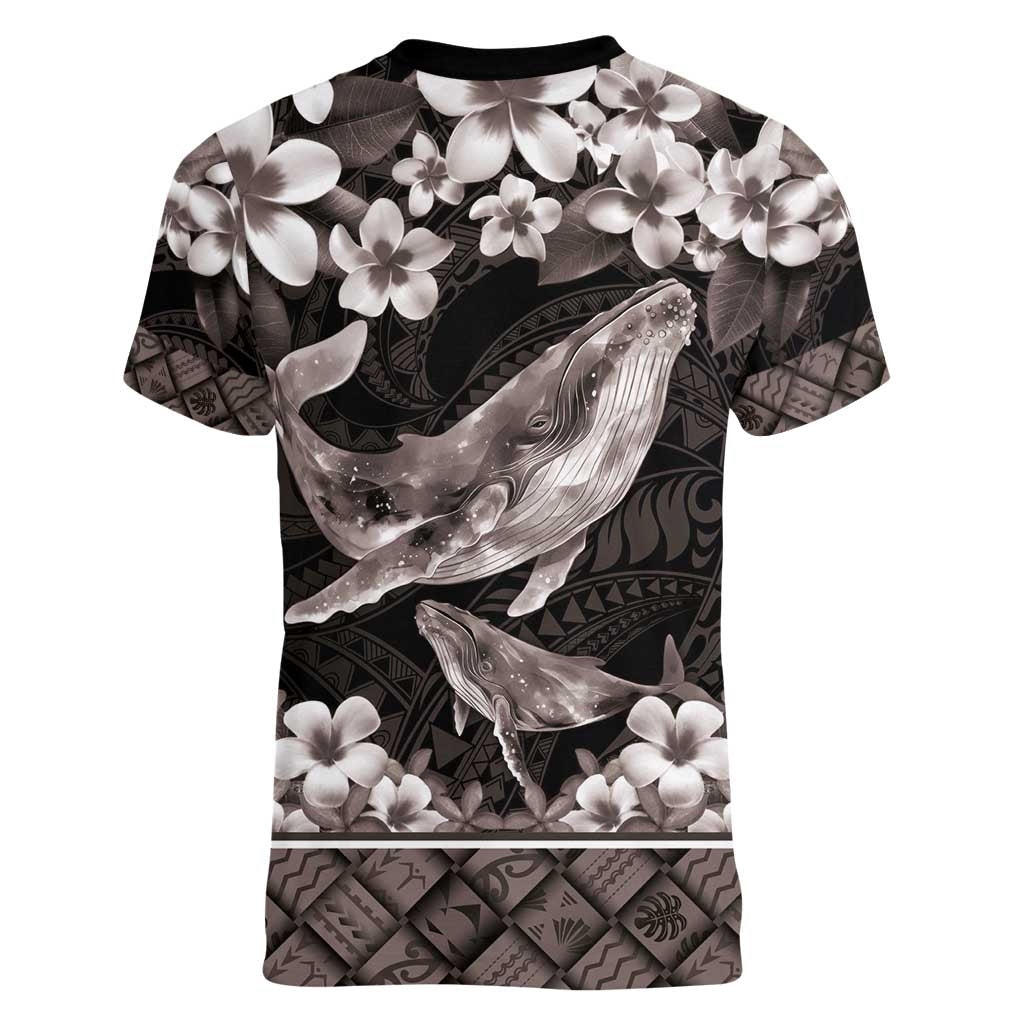 Hawaiian Plumeria and Humpback Whales Women V-Neck T-Shirt Polynerian Art Tattoo-Grayscale Mode LT03 - Polynesian Pride