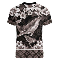 Hawaiian Plumeria and Humpback Whales Women V-Neck T-Shirt Polynerian Art Tattoo-Grayscale Mode LT03 - Polynesian Pride