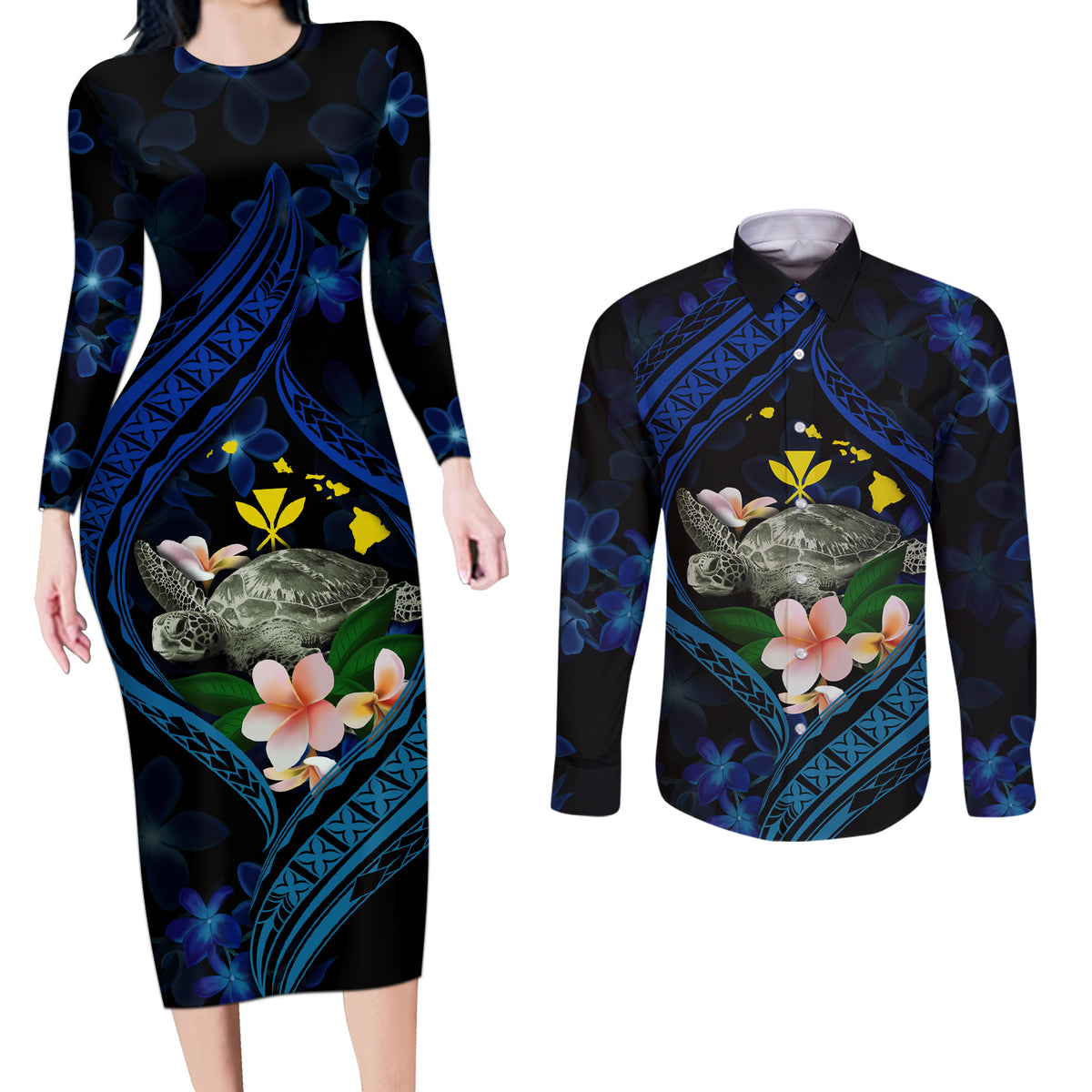 Hawaii Turtle Plumeria Flower Fanciful Couples Matching Long Sleeve Bodycon Dress and Long Sleeve Button Shirt LT03 Black - Polynesian Pride