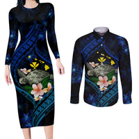 Hawaii Turtle Plumeria Flower Fanciful Couples Matching Long Sleeve Bodycon Dress and Long Sleeve Button Shirt LT03 Black - Polynesian Pride