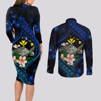 Hawaii Turtle Plumeria Flower Fanciful Couples Matching Long Sleeve Bodycon Dress and Long Sleeve Button Shirt LT03 - Polynesian Pride