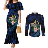Hawaii Turtle Plumeria Flower Fanciful Couples Matching Mermaid Dress and Long Sleeve Button Shirt LT03 Black - Polynesian Pride