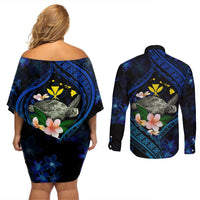 Hawaii Turtle Plumeria Flower Fanciful Couples Matching Off Shoulder Short Dress and Long Sleeve Button Shirt