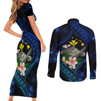 Hawaii Turtle Plumeria Flower Fanciful Couples Matching Short Sleeve Bodycon Dress and Long Sleeve Button Shirt LT03 - Polynesian Pride
