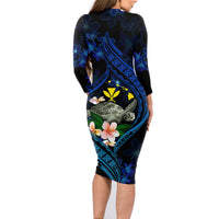 Hawaii Turtle Plumeria Flower Fanciful Family Matching Long Sleeve Bodycon Dress and Hawaiian Shirt