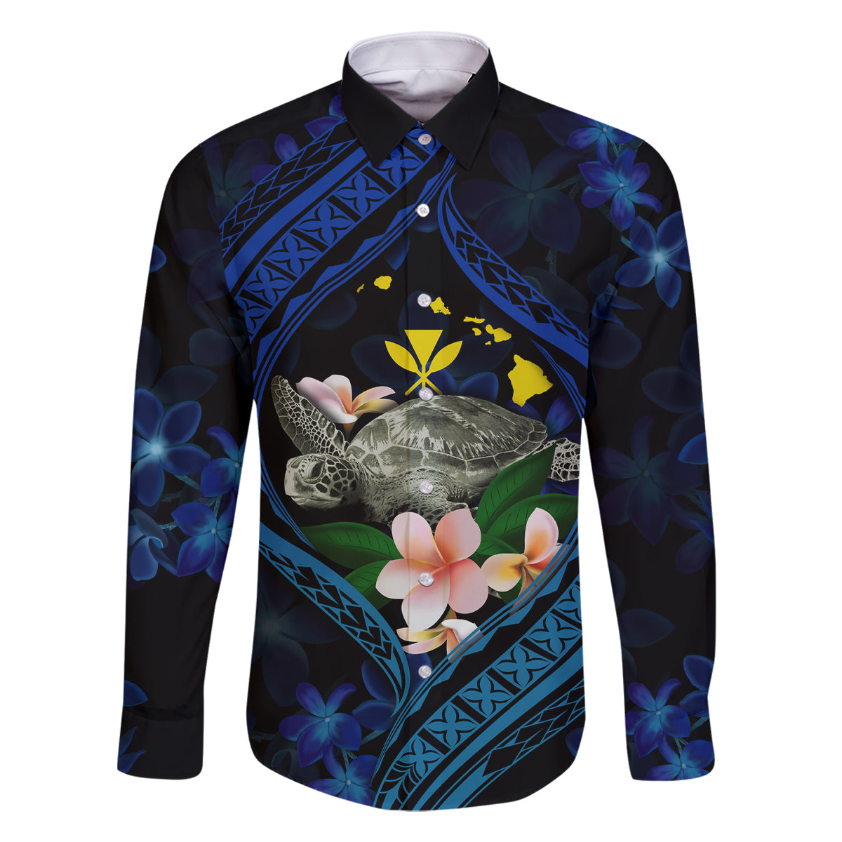 Hawaii Turtle Plumeria Flower Fanciful Family Matching Mermaid Dress and Hawaiian Shirt LT03 Dad's Shirt - Long Sleeve Black - Polynesian Pride