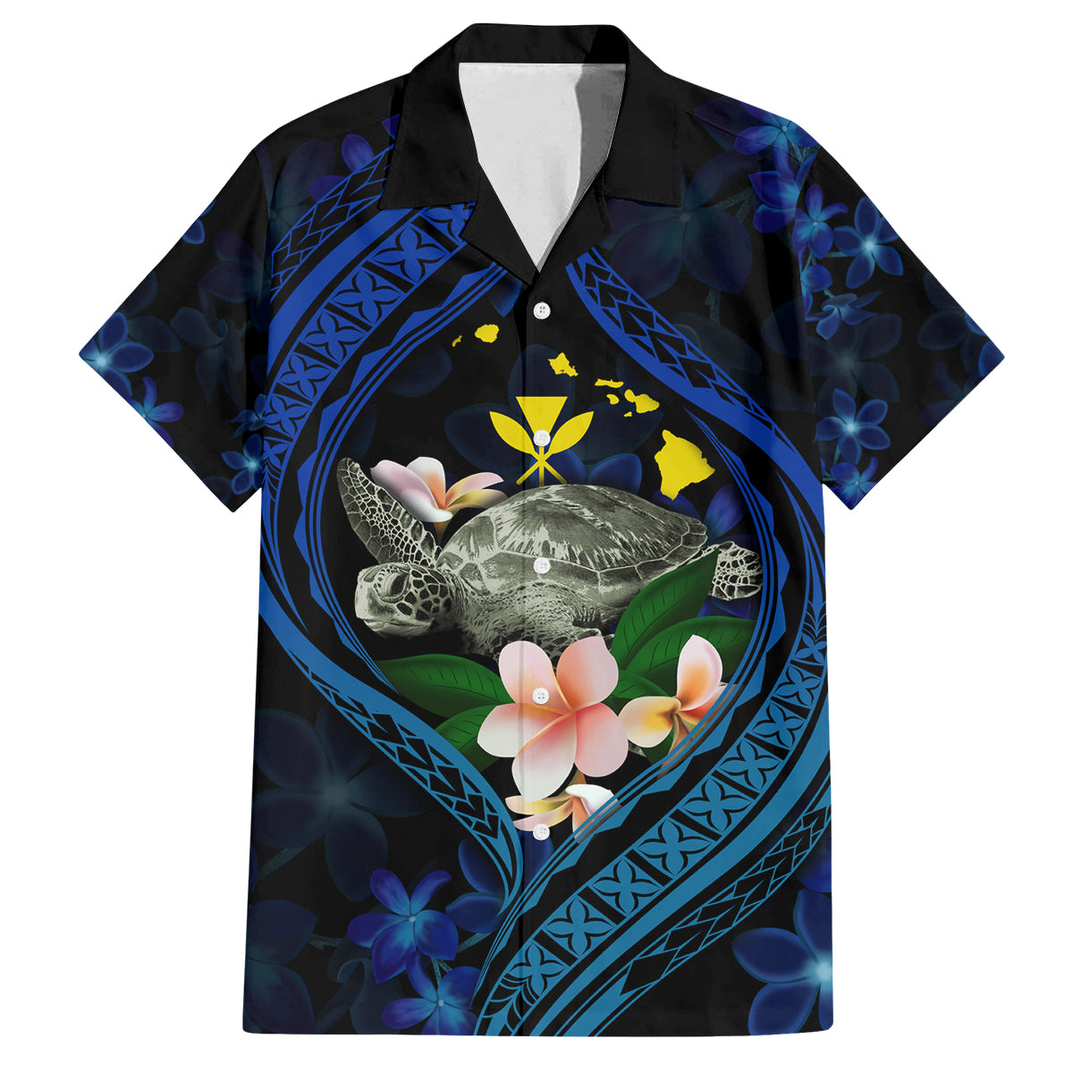 Hawaii Turtle Plumeria Flower Fanciful Family Matching Puletasi and Hawaiian Shirt LT03 Dad's Shirt - Short Sleeve Black - Polynesian Pride