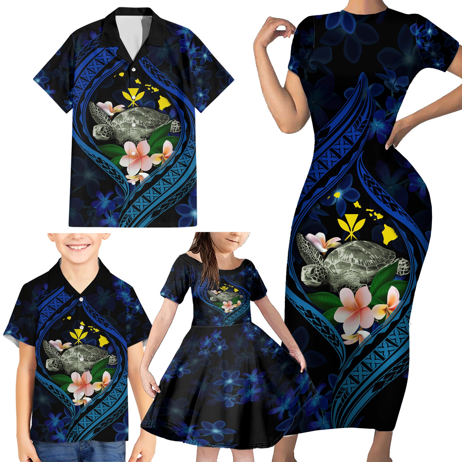 Hawaii Turtle Plumeria Flower Fanciful Family Matching Short Sleeve Bodycon Dress and Hawaiian Shirt LT03 - Polynesian Pride