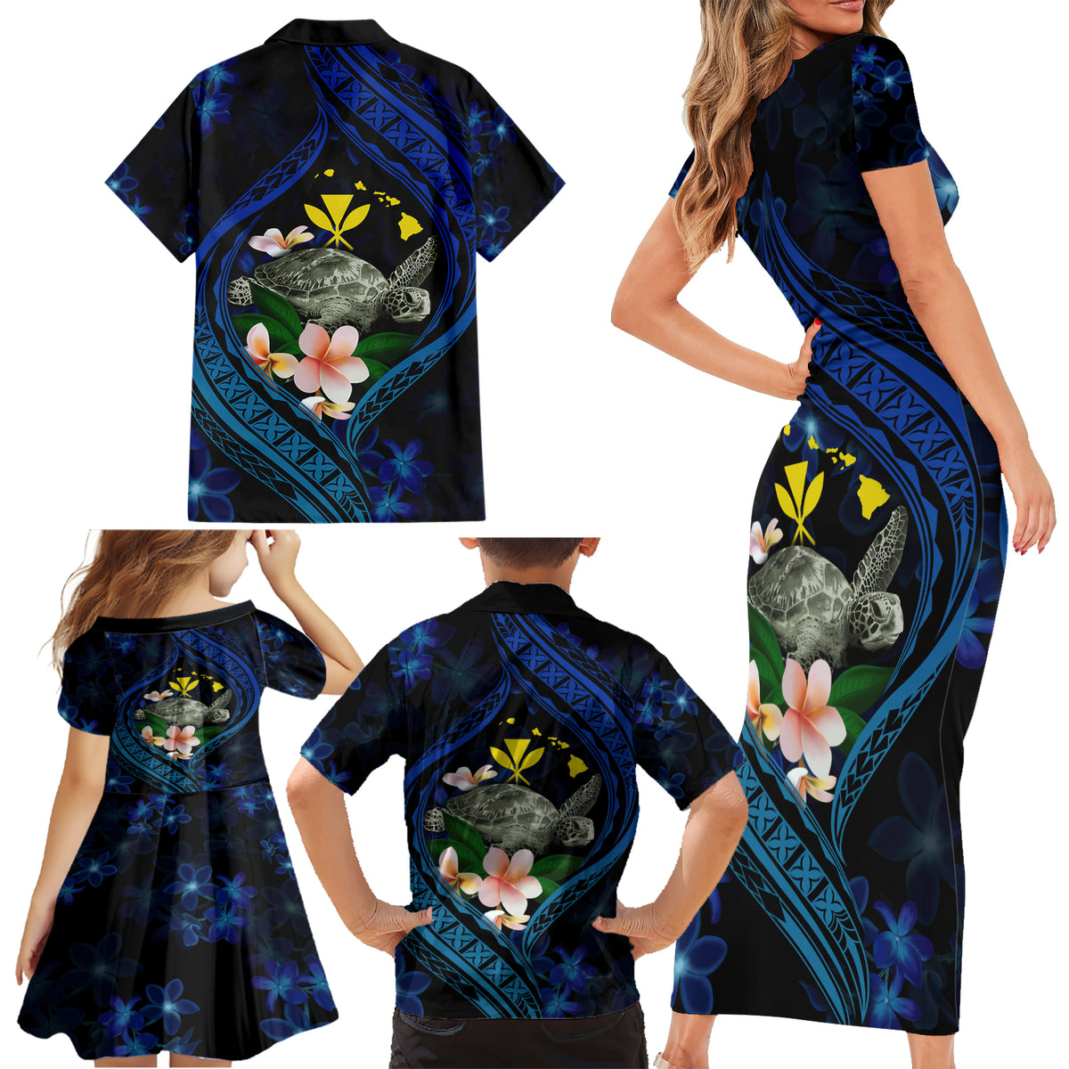Hawaii Turtle Plumeria Flower Fanciful Family Matching Short Sleeve Bodycon Dress and Hawaiian Shirt LT03 - Polynesian Pride
