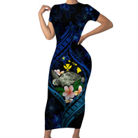 Hawaii Turtle Plumeria Flower Fanciful Family Matching Short Sleeve Bodycon Dress and Hawaiian Shirt LT03 Mom's Dress Black - Polynesian Pride