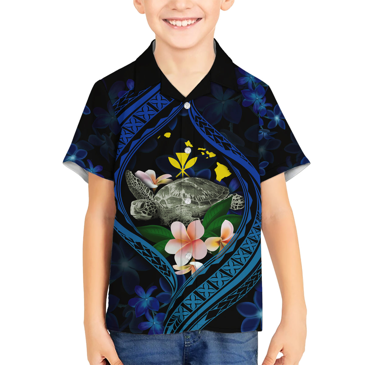 Hawaii Turtle Plumeria Flower Fanciful Family Matching Short Sleeve Bodycon Dress and Hawaiian Shirt LT03 Son's Shirt Black - Polynesian Pride