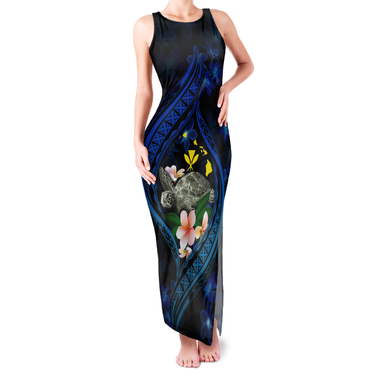 Hawaii Turtle Plumeria Flower Fanciful Family Matching Tank Maxi Dress and Hawaiian Shirt