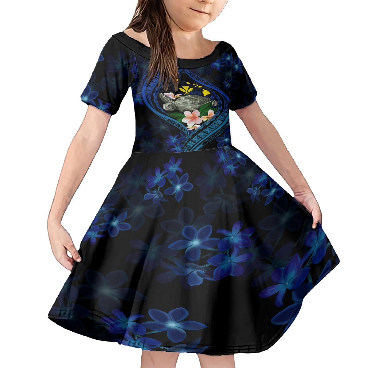 Hawaii Turtle Plumeria Flower Fanciful Kid Short Sleeve Dress LT03 KID Black - Polynesian Pride