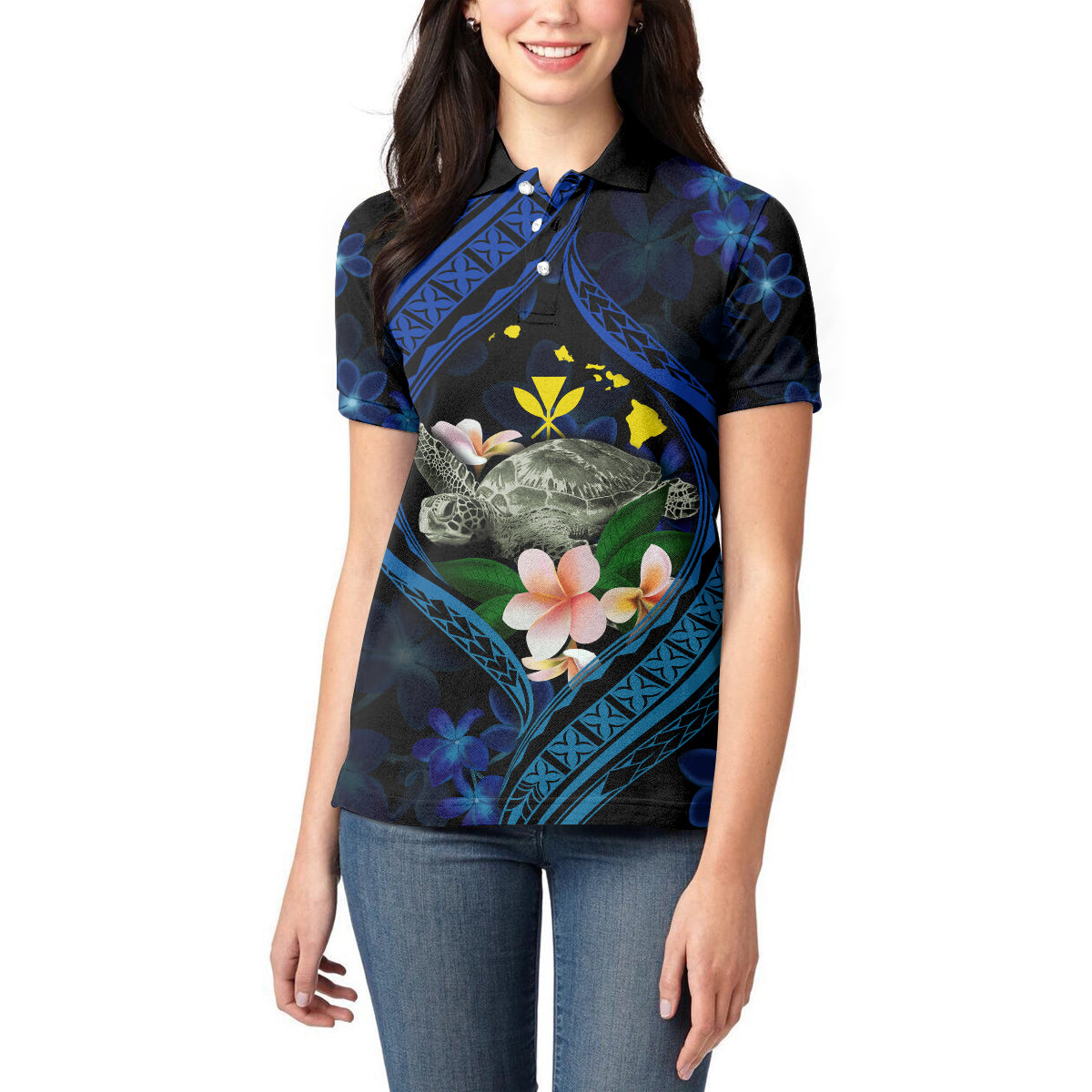Hawaii Turtle Plumeria Flower Fanciful Women Polo Shirt
