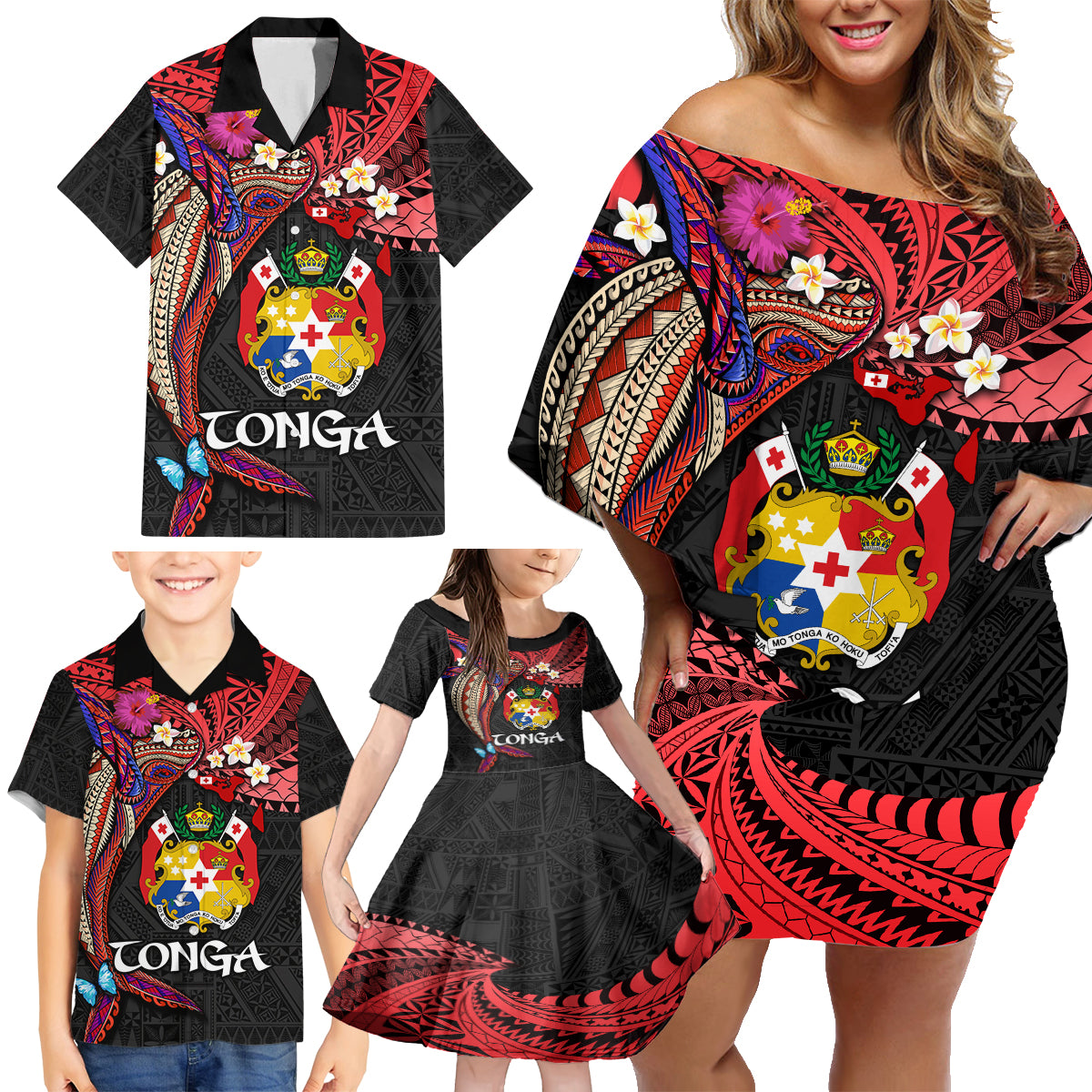 Tonga Emancipation Day Family Matching Off Shoulder Short Dress and Hawaiian Shirt Ngatu Humpback Whale Polynesian Flower