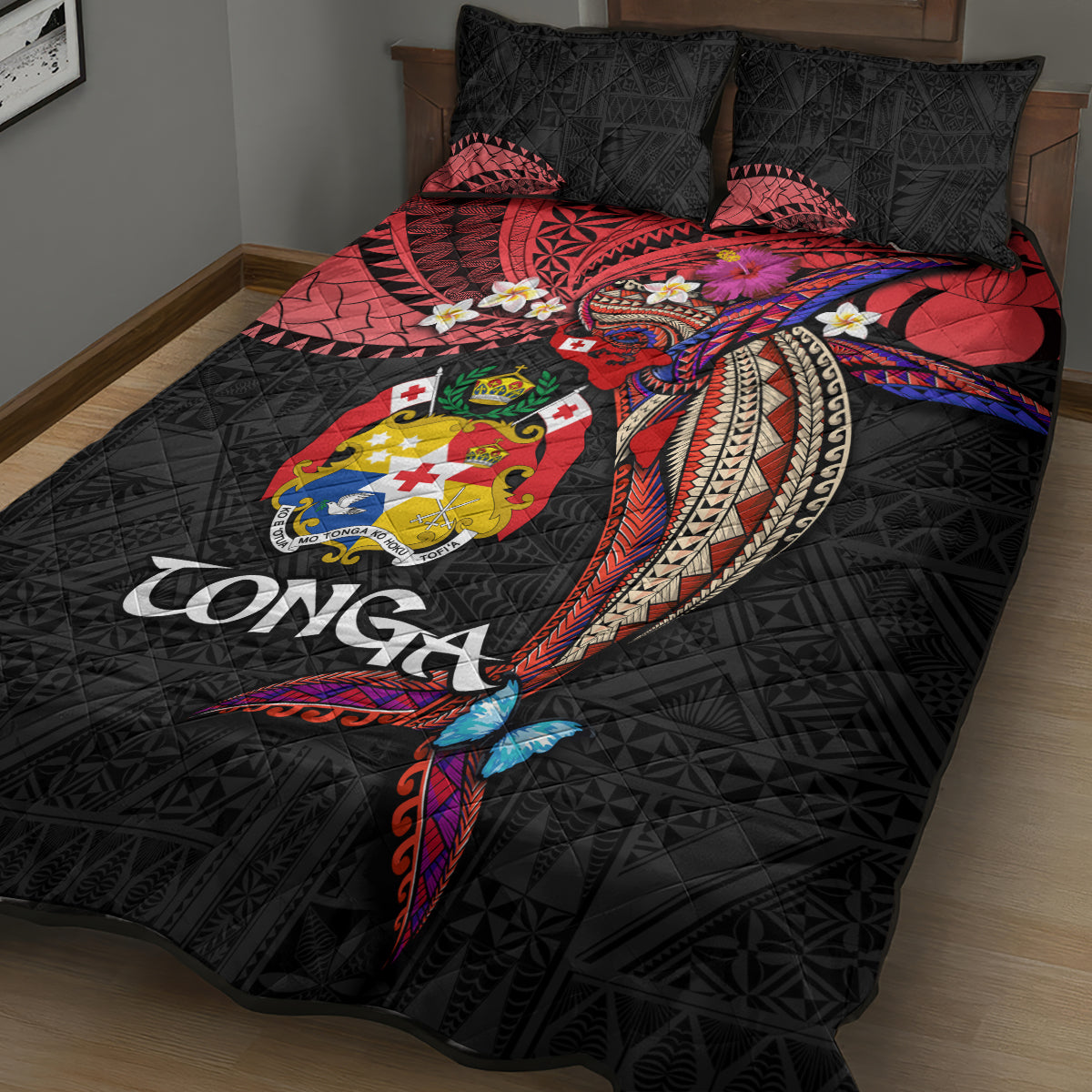 Tonga Emancipation Day Quilt Bed Set Ngatu Humpback Whale Polynesian Flower